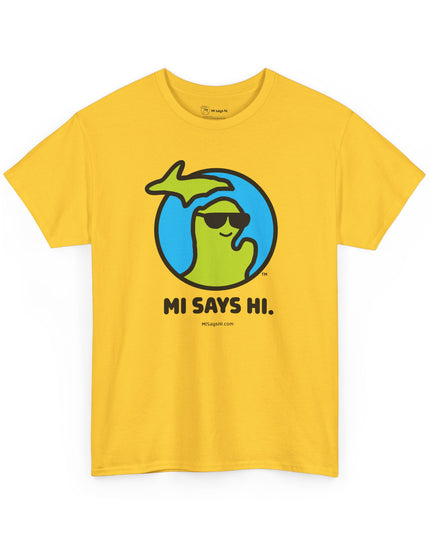 Waving Michigan logo wearing sunglasses and smiling on a heavy cotton t-shirt.
