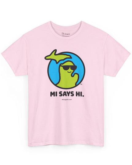Pink cotton t-shirt with a waving Michigan logo wearing sunglasses and smiling for the MI Says Hi brand.