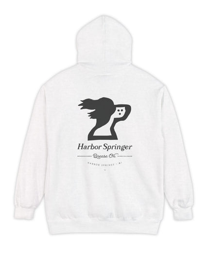 White color hoodie by the Harbor Springer brand with a springer spaniel dog logo and Brease On tagline on the back.