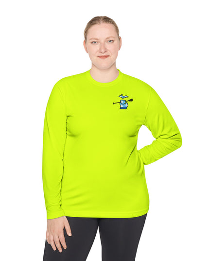 Woman wearing a Michigan moisture-wicking long sleeve t-shirt in neon yellow for kayaking, canoeing and paddleboarding with Grab Life by the Hand™ design