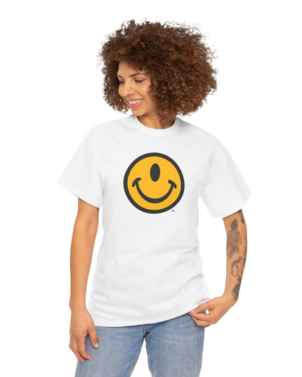 Woman wearing a one-eyed smiling face white t-shirt by the Smileclops brand.
