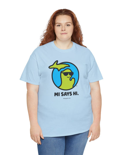 Woman wearing a light blue cotton t-shirt with a waving Michigan logo wearing sunglasses and smiling for the MI Says Hi brand.