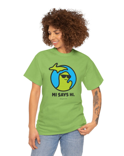 Woman wearing a green cotton t-shirt with a waving Michigan logo wearing sunglasses and smiling for the MI Says Hi brand.