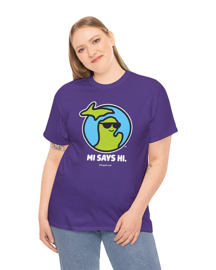 Woman wearing purple cotton t-shirt with a waving Michigan logo wearing sunglasses and smiling for the MI Says Hi brand.