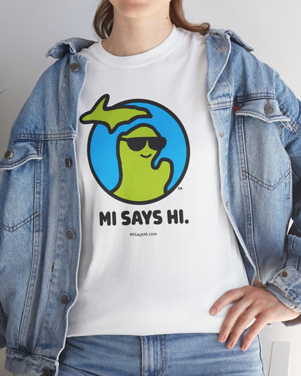 Woman wearing a white cotton t-shirt with a waving Michigan logo wearing sunglasses and smiling for the MI Says Hi brand.