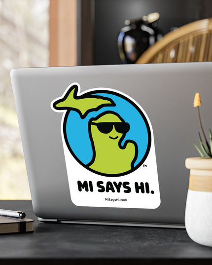 Extra large vinyl laptop sticker with waving Michigan logo wearing sunglasses.