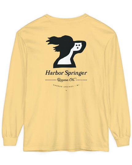 Light yellow color long sleeve t-shirt by the Harbor Springer brand with a springer spaniel dog logo and Brease On tagline on the back.